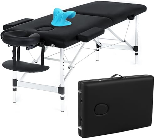VIRRMO Portable Massage Table with Neck Stretcher, Light Weight 84 in Massage Bed Adjustable Lash Bed Tattoo Table for Eyelash Extensions Beauty Spa (Aluminum, Black)