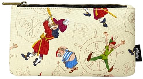 Loungefly Peter Pan, Captain Hook und Smee Pirates Nylon-Tasche, Hellbraun, Kosmetiktasche mit Reißverschluss, hautfarben, Kosmetiktasche mit Reißverschluss