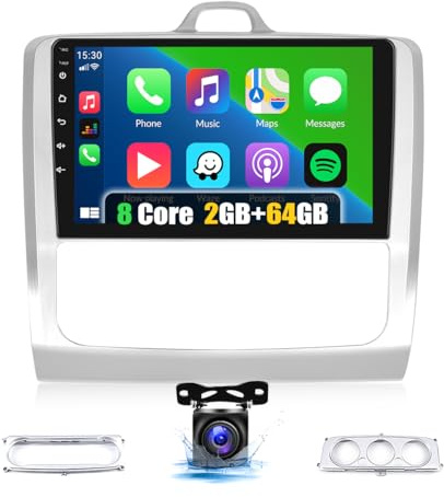8-Core Android 15 Carplay Radio Coche 2 DIN GPS para Ford Focus Exi MT 2 3 Mk2/Mk3 2004-2011 2G+64G 9 Pulgadas de Pantalla con Android Auto DSP RDS Bluetooth Mirror Link+Cámara Trasera