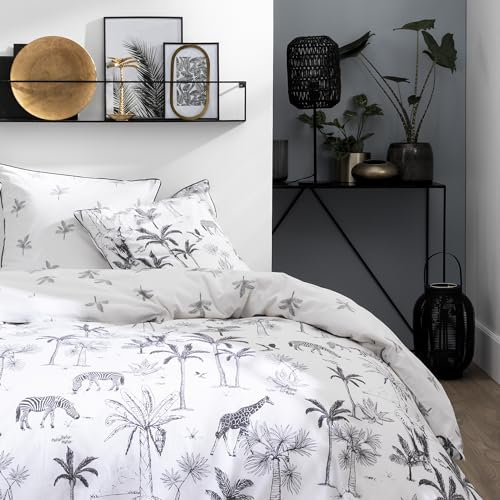 MATT & ROSE Gravure Tropicale Parure de lit 2 Personnes | 100% Coton | Oeko-TEX | Housse de Couette 260x240 cm + 2 Taies d'oreiller 65x65 cm | Imprimé | Blanc/Noir