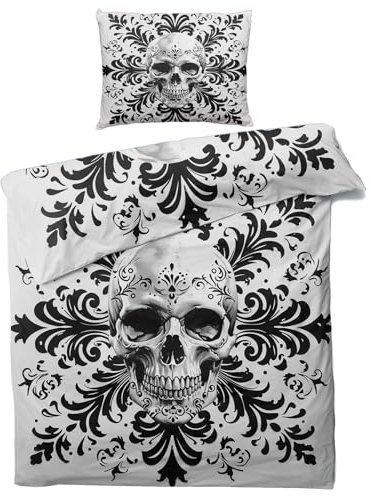 MOBEITI Totenkopf Bettwäsche 155x220, Gothic Schädel Wendebettwäsche, Weiche Kuschelige Mikrofaser Bettbezug Set 2teilig, 1 Kissenbezug 80x80, mit Reißverschluss -MO&190