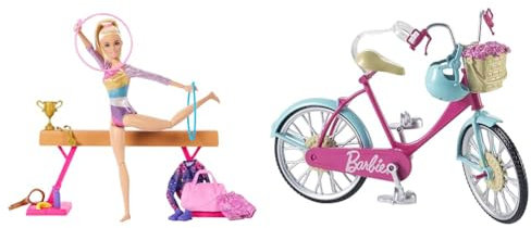 Barbie Turnspaß -Spielset mit Schwebebalken & Fahrrad, Fahrrad mit Blumenkorb, bewegliche Räder, rosa Fahrrad Puppe, Puppe, Geschenk für Kinder, Spielzeug ab 3 Jahre,DVX55