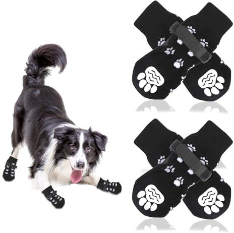 4 Stücke Indoor Anti-Rutsch Socken für Hunde Anti Rutsch Pfotenschutz Hundesocken Outdoor Indoor Anti-Rutsch Socken für Mittlerer Hund Weicher Verstellbarer Pfotenschutz mit Klettverschluss Schwarz(M)