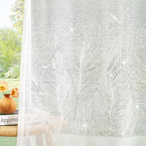Deconovo Vorhänge Ösenvorhang Leinenoptik Transparent Vorhang Gardine Voile Stickerei Modernes Design, 260x140 cm(HöhexBreite), Weiß, 2er Set