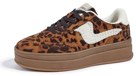 LUCKY STEP Zapatillas de Plataforma para Mujer – Zapatillas Chunky de Moda, Calzado Casual con Cordones, Cómodas para Caminar y Uso Diario (Marrón/Leopardo, 8US-38EU-5UK)