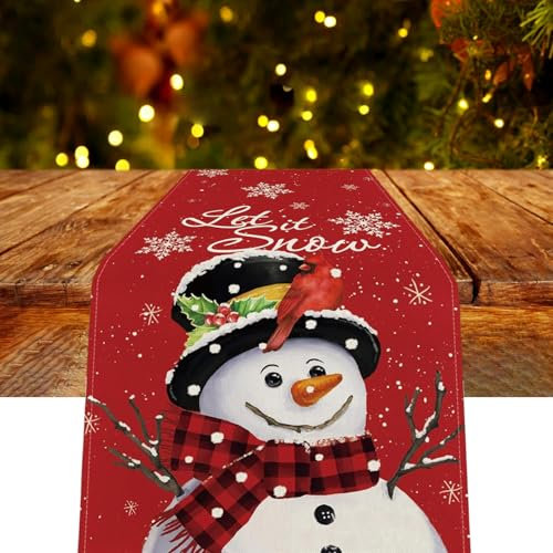 wadafen Tischläufer Weihnachten Rot,Schneeflocke Schneemann Weihnachten Tischläufer,Weihnachtstischläufer Festliche,Tischdecke Tischdeko Weihnachtsdeko, für Weihnachten Party Dekoration(33 x 183cm)