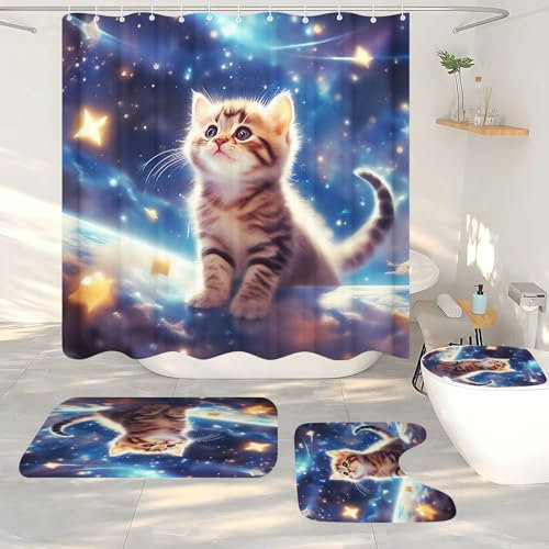 WEQEER Rideau de douche motif chat, 180 x 180 cm, avec 12 rideaux de douche drôles d'animaux chatons, imperméable, décorez votre salle de bain (3, 180 x 180 cm)