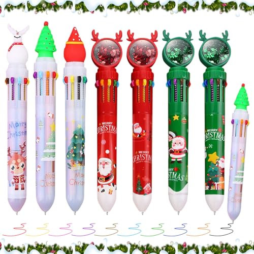 KIKVTER Weihnachts Kugelschreiber, 7 Stück Weihnachten Kugelschreiber, 10-in-1 Mehrfarbiger Einziehbarer Shuttle Stift, Weihnachtskugelschreiber, Weihnachtsbaum Schneemann Weihnachtsmann Tintenroller