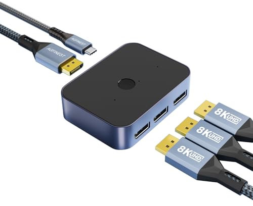 AGFINEST 8K DisplayPort 1.4 Switch, DP Switcher 3 in 1 Out, 8K @60Hz 4K @144Hz Umschalter EIN-klickschalter Unterstützt Dolby Atmos, HDR, DTS, DSC, UHD für PC Monitor Laptop