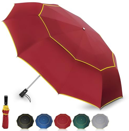 Satol Golfschirm mit Doppeldach & Belüftung | Sturmsicher & Automatisch Öffnend | XXL-Größen 54 Zoll | 10 Rippen für maximale Stabilität | Reflektierende Streifen (Rot)