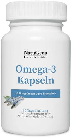NatuGena Omega-3 Kapseln mit natürlichen, hochwertigen Fischöl aus 100% nachhaltigem Fischfang, Fettsäuren EPA und DHA, 90 Kapseln (30 Tage Packung)