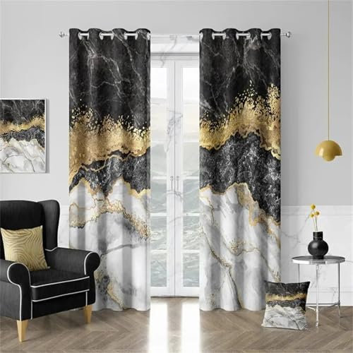 IKDZCM Luxus Marmor Schwarz Gold Textur Vorhang Moderne Abstrakte Kunst Stil Zu Hause Wohnzimmer Schlafzimmer Balkon Dekor Vorhänge WxH/2x130x245cm ösen gardinen