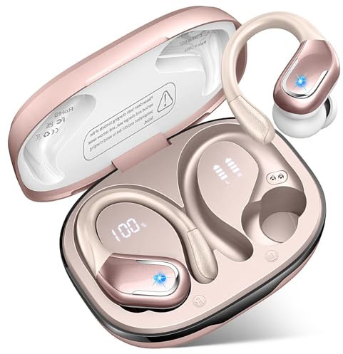 Wireless Earbuds, Bluetooth 5.4 Headphones with 4 ENC Mic, 75H Stereo Noise Cancelling Ear Buds, Wireless Headphones with Sports Earhooks, IP7 Waterproof Bluetooth Earphones for Running Gym, Rose Gold
