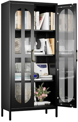 Aobabo Metal Storage Cabinet with 2 Glass Doors and 3 Adjustable Shelves - 155cm High Black Kitchen Storage Cabinet, 4-Tier Tall Steel Display Cabinets for Kitchen, Living Room,Assembly Required