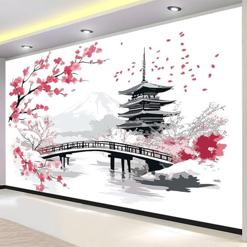 Buohwiwe Papier Peint Panoramique Sakura Japonais Mural 250 x 175 cm (WxH) Sakura Japonais 3D Papier Peint Intisse Poster Photo Fresque Chambre Coucher Salon Grand Décoration Peinture Murale q2750