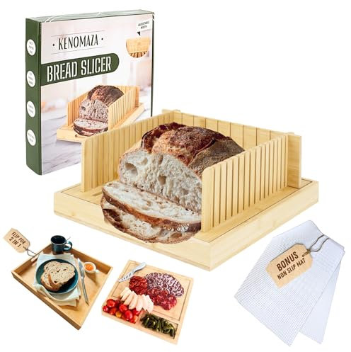 Bread Slicer for Homemade Bread, Adjustable Bread Cutter with Crumb Tray & Non-Slip Mat, Sourdough Bread Slicer Guide, Bamboo Bread Cutting Board, Manual Bread Loaf Slicer for Sandwiches and Rounds