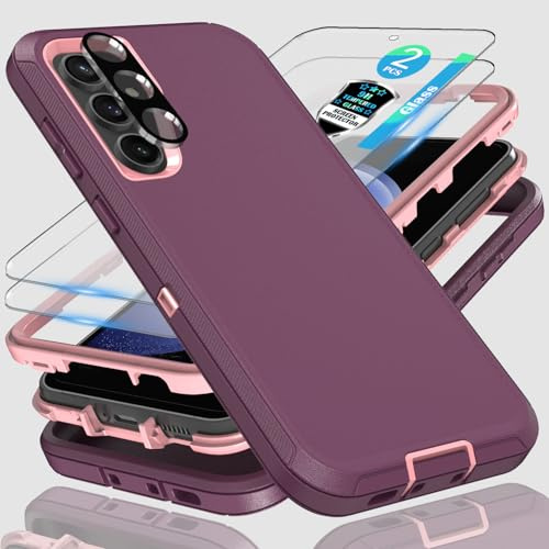 for Samsung Galaxy S23 FE Case, 3-in-1 heavy-duty protection with 2 * 9H Glass Screnn Protector，1*Super lens film and Shockproof, Drop Proof, Ultra-Rugged Phone cover S23 FE 6.4-Wine Red/Pink
