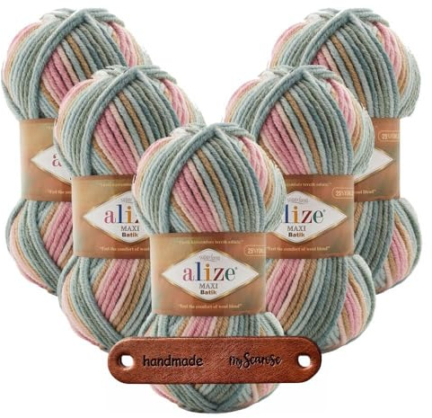 ALIZE 5 x 100g SUPERLANA MAXI BATIK 7803 Premium Wolle weich warmes Farbverlaufsgarn für Stricken und Häkeln Winteraccessoires mit mySearose Label