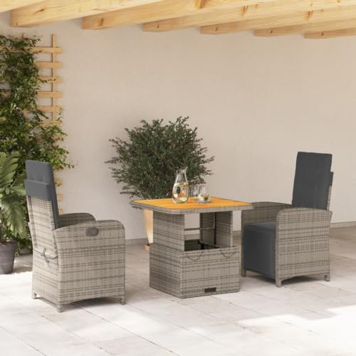 Ziaphsol 3-TLG. Garten-Essgruppe, Grau Poly Rattan, verstellbare Relaxsessel, höhenverstellbarer Tisch, UV-beständig, für Terrasse, Balkon