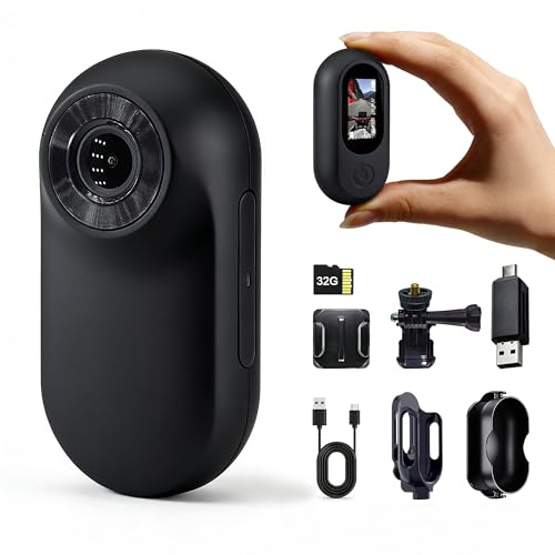 Frelisty Mini Action Cam mit 32GB Speicherkarte, 26g Bodycam Körperkamera Mini, FHD Helmkamera Motorrad Reiten, Vielseitig POV Kamera für Ski, Fahrrad, Vlogging(Schwarz)