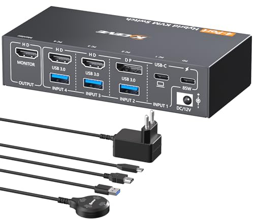 YOUTINGHDAV KVM Switch 4 PC 1 Monitor HDMI USB-C DP 4K@60Hz EDID | USB3.0 KVM Switch 4 Port für 4 Computer Teilen Maus, Tastatur, Netzteil und Wired Remote(4K USB C HDMI DP 4 in 1 out KVM)