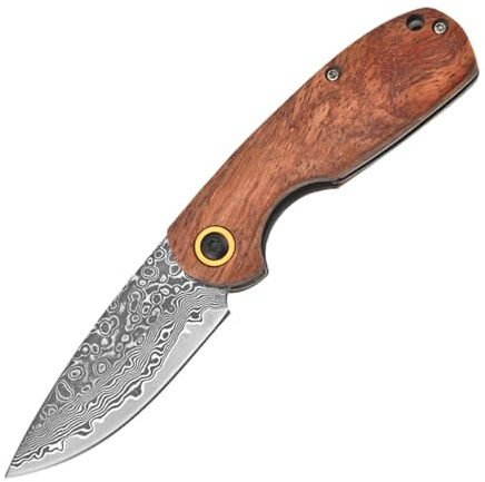 Damascus Steel Folding Pocket for Outdoor Adventures Camping Hiking and Gear (Brown, 8.8x1x2.8cm)