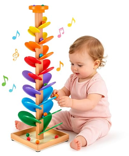 Kugelbahn Holz, 72cm Regenbogen klangbaum mit Runder Ablage Oben, 12 Regenbogenbälle, 8 Bunte Ebene, Montessori Spielzeug zum Sortieren von Farben Geburtstagsgeschenk für Kind 3–8