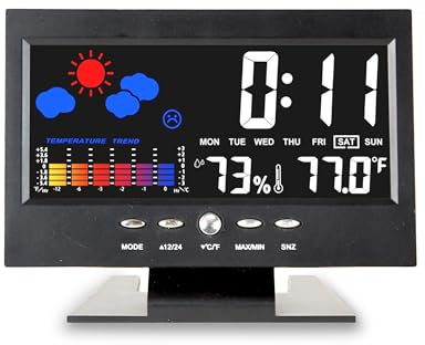 FISHTEC Estación meteorológica inalámbrica con predicción climática - Sensor de temperatura, higrómetro - Pantalla LCD de colores animados retroiluminación - Reloj despertador, fecha, hora, alarma