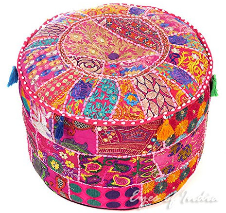 Eyes of India - 22 X 12 Pink Patchwork Round Ottoman Pouf Pouffe Cover Floor Seating Bohemian Accent Boho Chic Indian Handmade