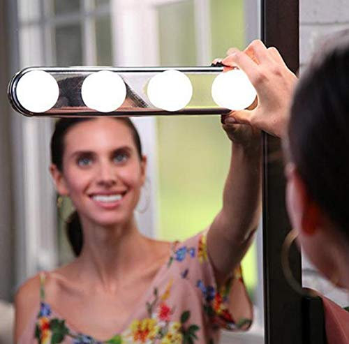 Hpybest 4 bombillas LED portátiles para estudio, kit de luz de espejo cosmético superbrillante, funciona con pilas, luz de maquillaje para baño