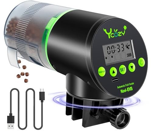 Ycozy Futterautomat Aquarium mit Feuchtigkeitsdichter Abdeckung Fischfutter Automat mit Typ-C Ladekabel LCD-Anzeige für Aquarium Fischtank Navi-EVS