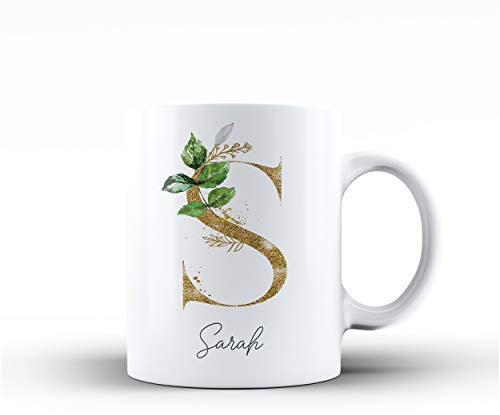 Personalised Floral Botanical Watercolour Monogram and Signature Ceramic Mug - 1a. Green Leaves & Gold Letter on White