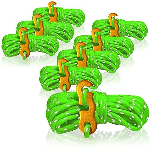 COM-FOUR® 8X haubans, Chaque 4m pour Le Camping, réfléchissant en Vert - Corde de Tente avec Boucle en Aluminium - Corde de Camping - tendeur de Corde - Corde de Tente
