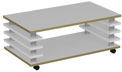 B-Ware Wohnzimmertisch I Couchtisch I I Hochwertig und langlebig I Qualität aus Europa I Mit Rollen I 115 x 65cm I Hochglanz Weiß mit Goldkante