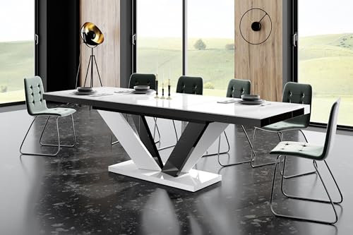 Design Esstisch Tisch HEU-111 Hochglanz ausziehbar 160 bis 256 cm (Weiß - Schwarz Hochglanz)