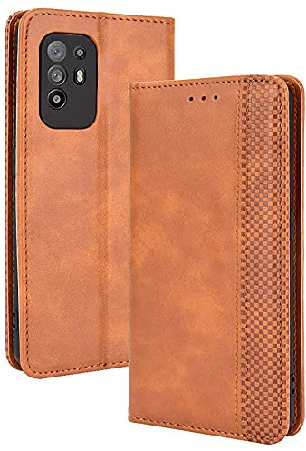 DOINK Coque en Rétro Cuir pour Oppo A94 5G, Premium Etui en Pochette avec Fentes pour Cartes et Espèces - Marron