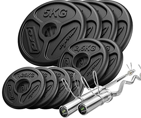 Marbo Sport Set 55kg | olympische Langhantelstange 180 cm ø50mm + leicht gebogene SZ-Curlstange 120 cm ø50mm + Hantelscheiben 4x5kg, 2x2,5kg, 4x1,25kg | Made in EU