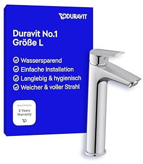 Duravit No.1 Mitigeur monocommande de lavabo, Robinet lavabo, Taille L (hauteur de sortie 203 mm), lavabo salle de bain, Robinet salle bain, Robinet à économie d'eau (MinusFlow), robinetterie, chromé