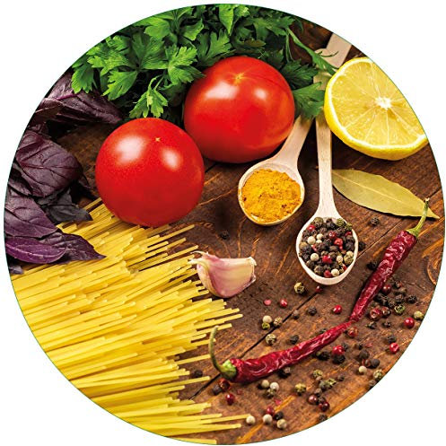 Wallario Glasbild rund Italienisches Menü mit Spaghetti, Tomaten, Basilikum und Gewürzen - Rund, 50 cm Durchmesser Wandbild Glas in Premium-Qualität: Brillante Farben, freischwebende Optik