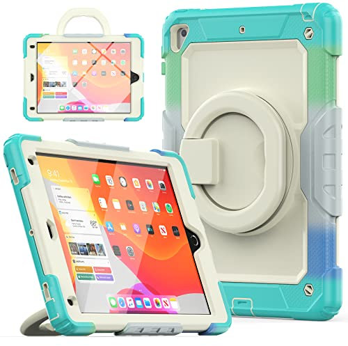 Funda resistente a prueba de golpes para iPad Air 2, funda híbrida de 3 capas de cuerpo completo a prueba de golpes para iPad 9.7 de 6ª y 5ª generación, soporte de mango giratorio de 360° + correa