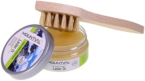Mountval Lederöl & hochwertiges Lederfett/Schuhfett mit Auftragsbürste von Langlauf Schuhbedarf® - die Lederpflege für Lederschuhe und Lederstiefel auf der Basis von natürlichen Grundstoffen