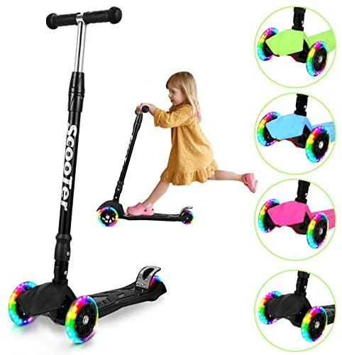 Yakimz Kinder Roller, Dreiradscooter mit LED Leuchtenden Räder, faltbar Cityroller, 4 Höhenverstellbarer, Schwerkraftlenkvorrichtung, für Kinder Roller ab 3-14 Jahre, Schwarz