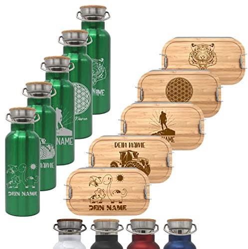 Generisch Brotdose mit Fächern und Trinkflasche 500ml mit Namen personalisiert, Brotzeitbox und Isolierflasche für Kinder und Erwachsene (GRÜN)