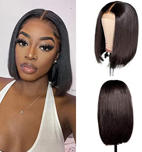 DÉBUT Straight Bob Perücken Echthaar T Part Lace Front Bob Perücke Vorgezupft mit Babyhaar 150% Dichte brasilianisches Jungfernhaar für schwarze Frauen(25cm, Schwarz)