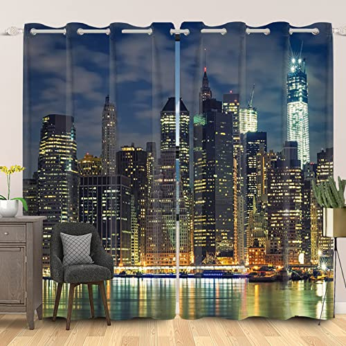 SDOTPMT 107x215cm New York Horizont Fenstervorhang Berühmt Gebäude Urban Stadt Wolkenkratzer Fenstervorhänge Metropole Nacht Landschaft Vorhänge für Wohnzimmer Verdunkelung Vorhänge, 2 Stücke