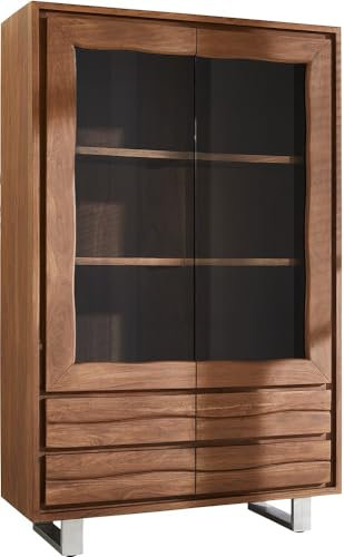 DELIFE Glasvitrine Live-Edge Akazie Braun 120x190 cm 2 Türen 4 Schubladen gerade Kante
