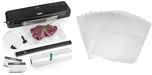 N8WERK Vakuumiergerät | Vakuumierer für Lebensmittel | Mit universal Vakuum-Beutel verwendbar | 30cm Schweißnaht | zum Einfrieren von Babybrei & Amazon Basics Vakuumierbeutel 22cm x 30 cm, 50 Stück