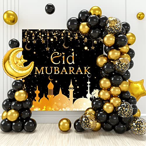 Eid Mubarak Ramadan Décoration Ballons Set, 70 Pièces Ballons en OR Noir et Ballons de Lune étoile Dorée avec Bannière de Fond 'Eid Mubarak' pour la Célébration du Ramadan et de l'Aïd Moubarak