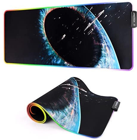 Tappetino per Mouse Gaming RGB XXL, 800 x 300mm Tappetino Mouse Grande, 14 Modalità di Illuminazione, 7 Colori LED, Tappetinos per Mouse per Computer, PC, gamer, Ingresso USB Extra (Buco Nero)