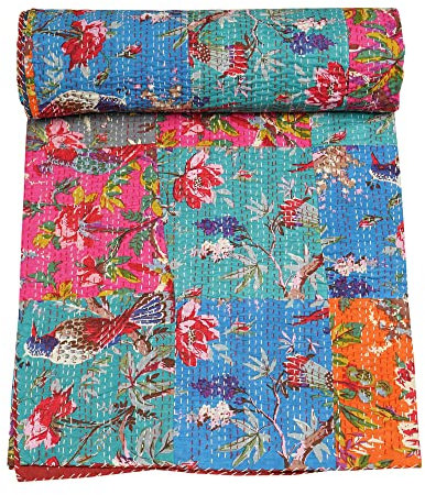 Marubhumi Quilts, indische Handarbeit, wendbar, Paisleymuster, Vintage-Kantha-Steppdecke, Steppdecke, traditionelles reines Baumwoll-Patchwork, mehrfarbig, Queen-Size-Bett (228 x 274 cm)